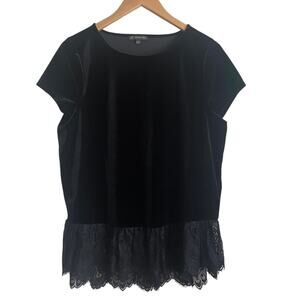 Adrianna Papell Women Top L Black Velour Lace Hem Whimsygoth Fairy Boho Romantic